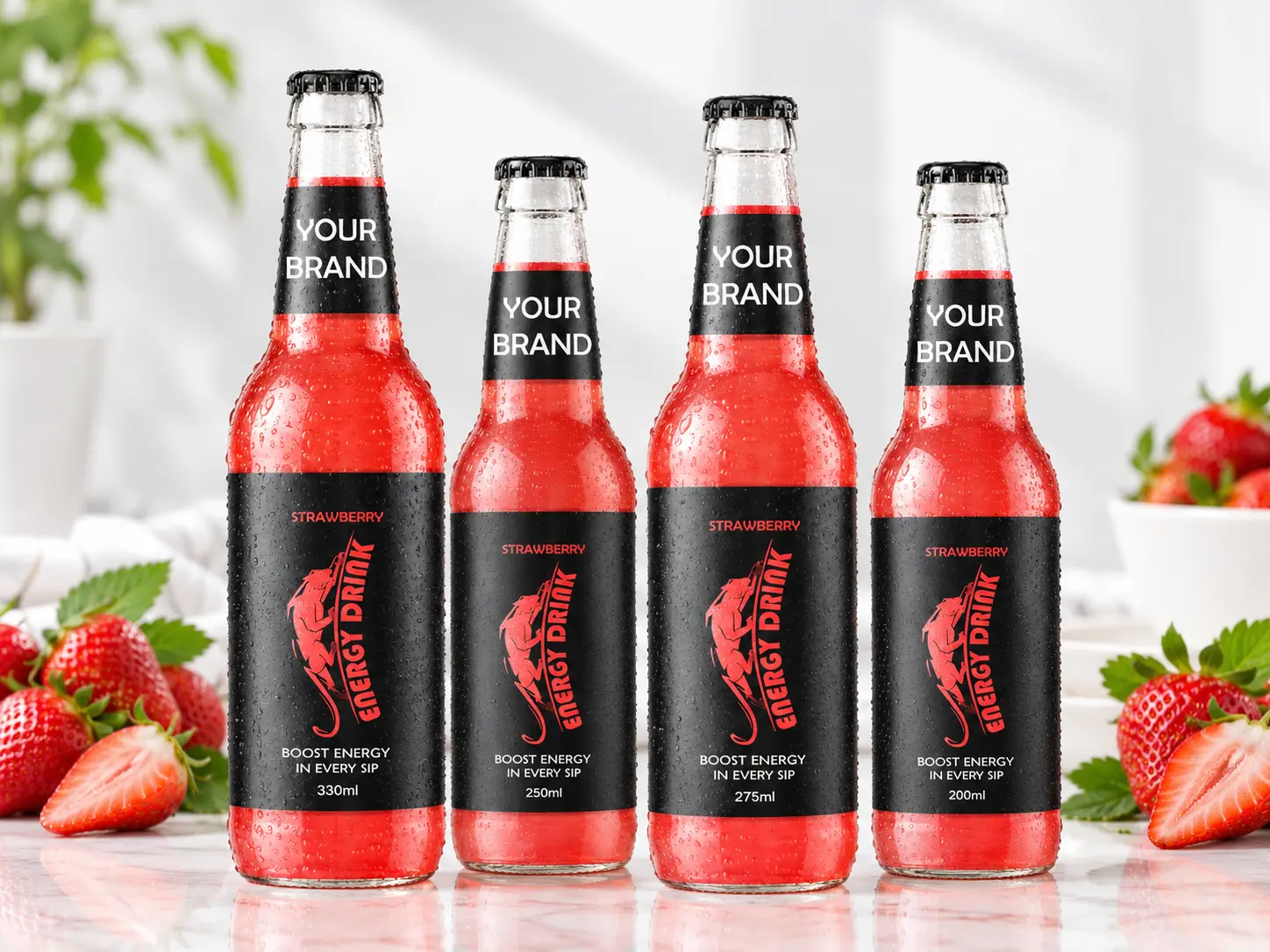 ENERGY DRINK Strawberry flavour in 330ml, 250ml, 275ml and 200ml glass bottles.